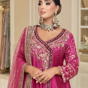 Hot Pink Tassel Silk Partywear Angarkha