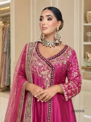 Hot Pink Tassel Silk Partywear Angarkha — front view | Jabeenz UK