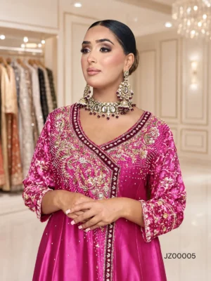 Hot Pink Tassel Silk Partywear Angarkha — detail view | Jabeenz UK