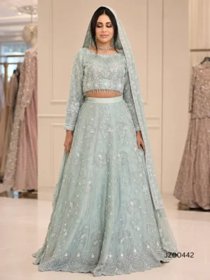 Sage Serenity Bridal Lehenga Choli in Organza — styling view | Jabeenz UK
