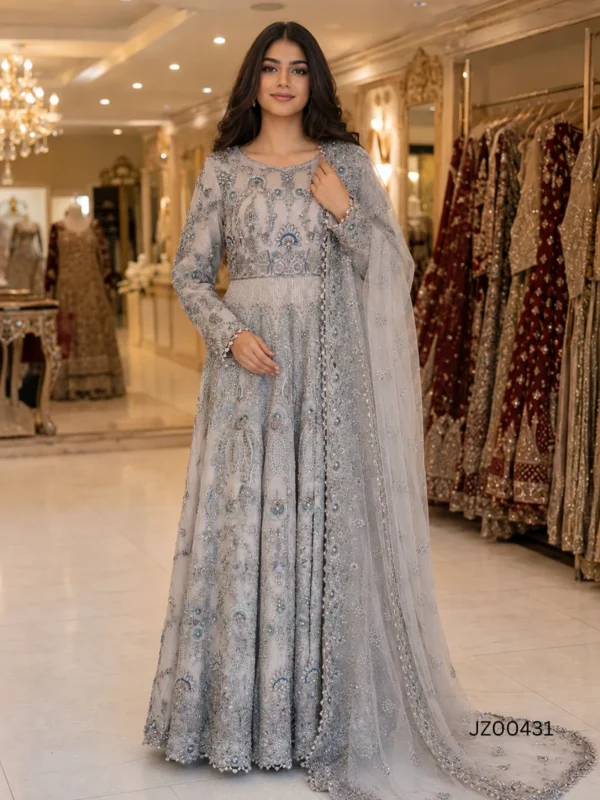 Asian bridal outfit - Grey Fawn Embellished Bridal Maxi detail - Jabeenz