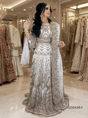 White Embroidered Organza Lehenga Choli — detail view | Jabeenz UK
