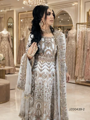 White Embroidered Organza Lehenga Choli — back view | Jabeenz UK