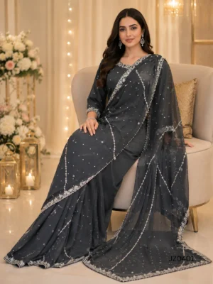 Black Embroidered Pakistani Partywear & Wedding Guest Saree — detail view | Jabeenz UK