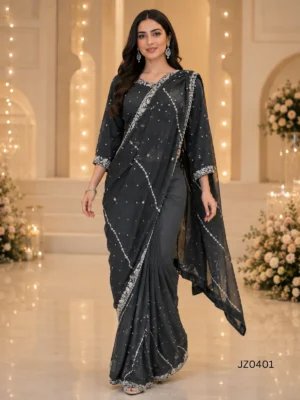 Black Embroidered Pakistani Partywear & Wedding Guest Saree — close-up view | Jabeenz UK