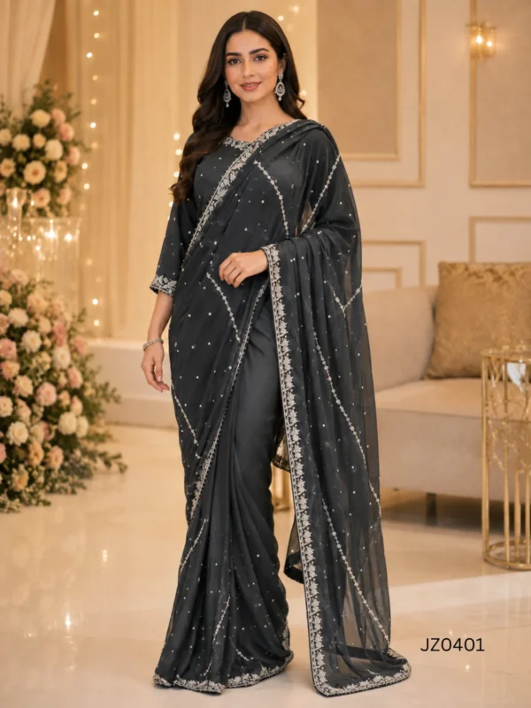 Black Embroidered Pakistani Partywear & Wedding Guest Saree - alternate view