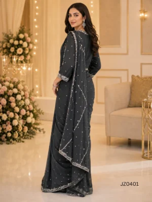 Black Embroidered Pakistani Partywear & Wedding Guest Saree — styling view | Jabeenz UK