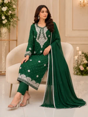 Emerald Green Pakistani Partywear & Wedding Guest Dress — detail view | Jabeenz UK