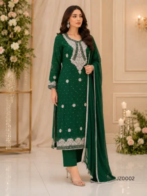 Emerald Green Pakistani Partywear & Wedding Guest Dress — close-up view | Jabeenz UK