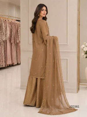 Golden Embroidered Pakistani Partywear, Formal & Wedding Guest Dress — styling view | Jabeenz UK