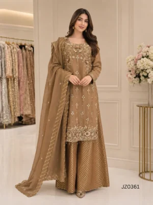 Golden Embroidered Pakistani Partywear, Formal & Wedding Guest Dress — close-up view | Jabeenz UK