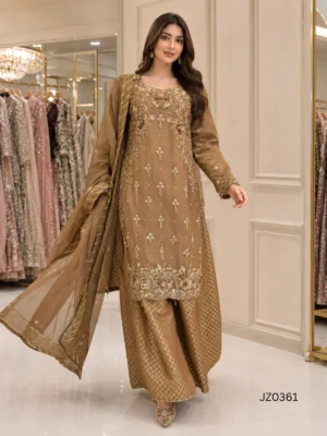 Golden Embroidered Pakistani Partywear, Formal & Wedding Guest Dress — detail view | Jabeenz UK