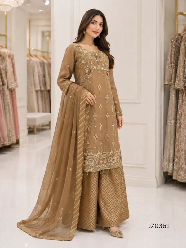 Golden Embroidered Pakistani Partywear, Formal & Wedding Guest Dress - alternate view