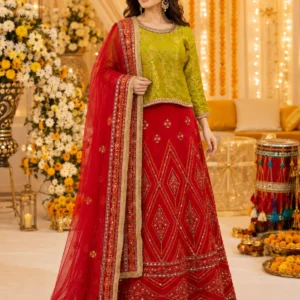 Green Red Embroidered Pakistani Mehndi, Bridesmaid & Partywear Lehenga