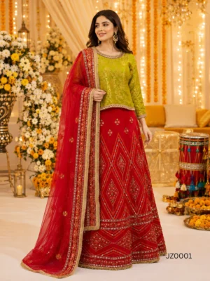 Green Red Embroidered Pakistani Mehndi, Bridesmaid & Partywear Lehenga — front view | Jabeenz UK