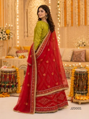 Green Red Embroidered Pakistani Mehndi, Bridesmaid & Partywear Lehenga — styling view | Jabeenz UK