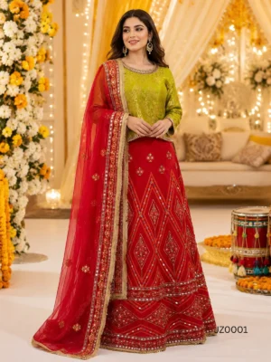 Green Red Embroidered Pakistani Mehndi, Bridesmaid & Partywear Lehenga — close-up view | Jabeenz UK