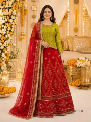 Green Red Embroidered Pakistani Mehndi, Bridesmaid & Partywear Lehenga — detail view | Jabeenz UK