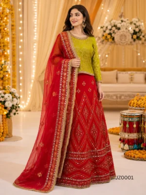 Green Red Embroidered Pakistani Mehndi, Bridesmaid & Partywear Lehenga — back view | Jabeenz UK