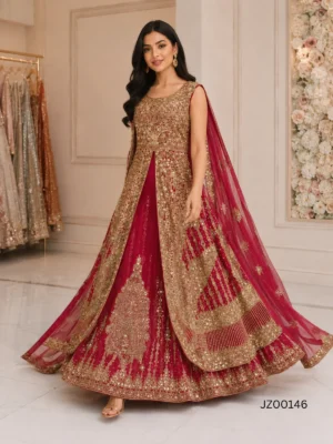 Red Gold Embroidered Front Open Bridal Maxi — alternate view | Jabeenz UK