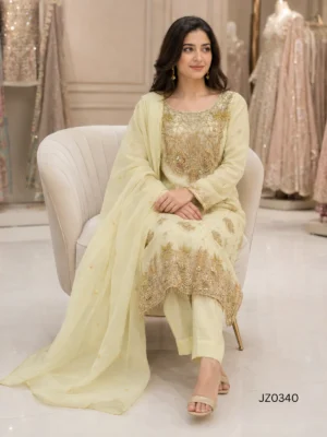 Pale Yellow Gold Embroidered Pakistani Formal & Wedding Guest Dress — detail view | Jabeenz UK