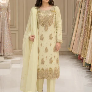 Pale Yellow Gold Embroidered Pakistani Formal & Wedding Guest Dress
