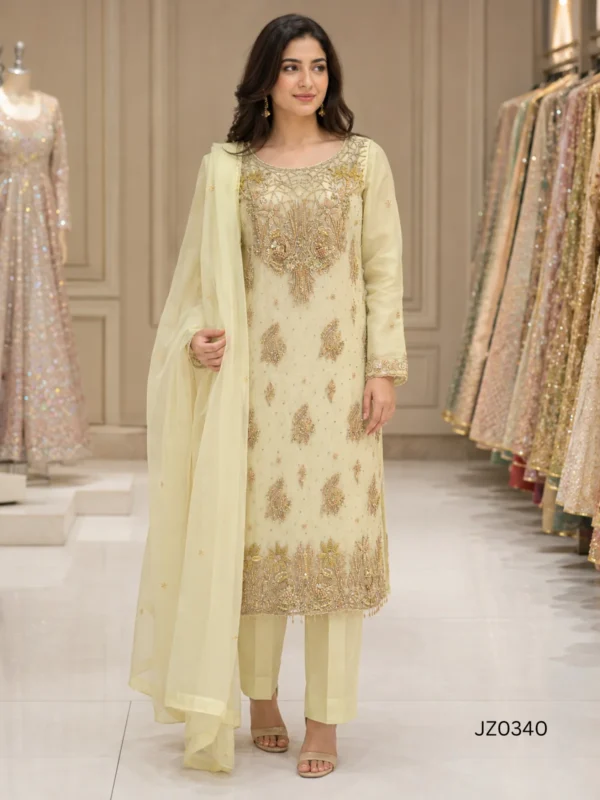 Pale Yellow Gold Embroidered Pakistani Formal & Wedding Guest Dress