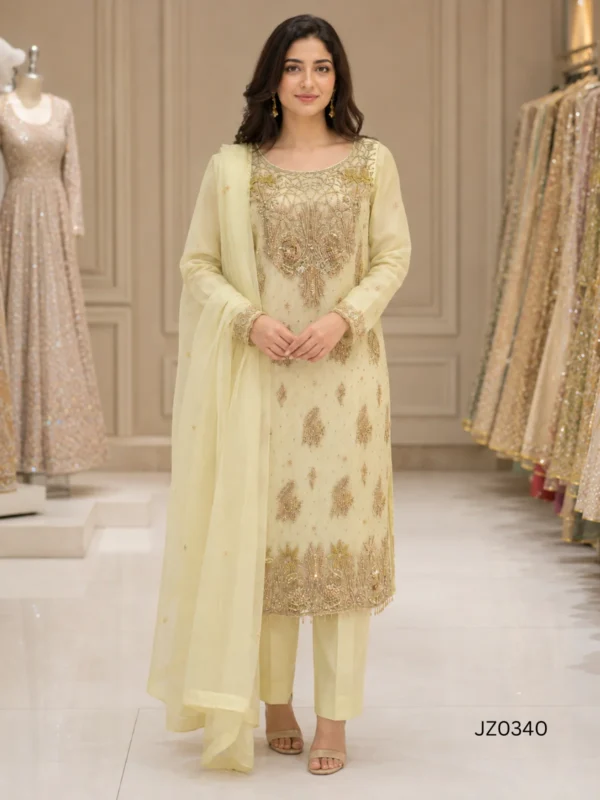 Pale Yellow Gold Embroidered Pakistani Formal & Wedding Guest Dress - alternate view