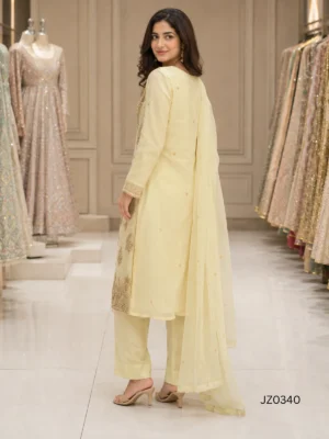 Pale Yellow Gold Embroidered Pakistani Formal & Wedding Guest Dress — styling view | Jabeenz UK