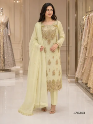 Pale Yellow Gold Embroidered Pakistani Formal & Wedding Guest Dress — close-up view | Jabeenz UK