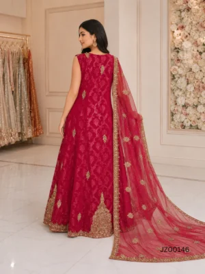 Red Gold Embroidered Front Open Bridal Maxi — styling view | Jabeenz UK