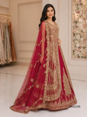 Red Gold Embroidered Front Open Bridal Maxi — detail view | Jabeenz UK