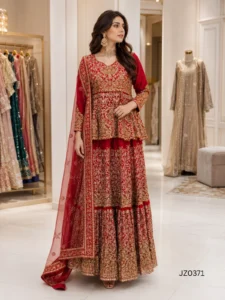 Red Gold Embroidered Pakistani Partywear & Wedding Dress