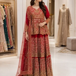 Red Gold Embroidered Pakistani Partywear & Wedding Dress