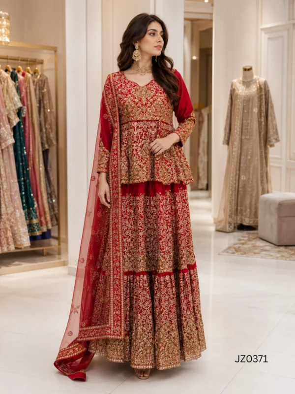 Red Gold Embroidered Pakistani Partywear & Wedding Dress