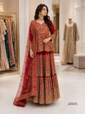 Red Gold Embroidered Pakistani Partywear & Wedding Dress — detail view | Jabeenz UK