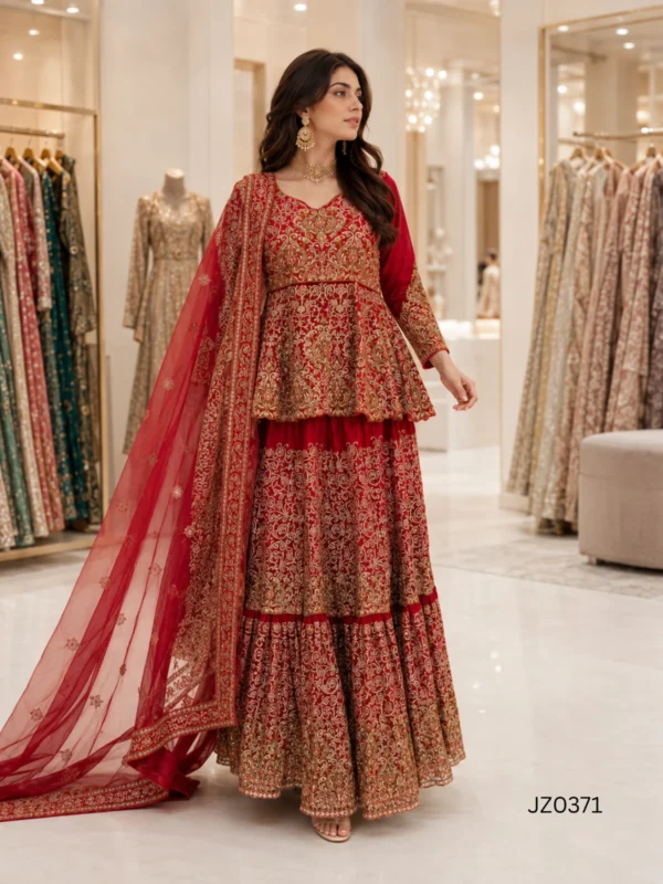 Red Gold Embroidered Pakistani Partywear & Wedding Dress - alternate view