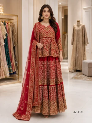 Red Gold Embroidered Pakistani Partywear & Wedding Dress — close-up view | Jabeenz UK