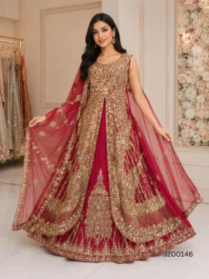 Red Gold Embroidered Front Open Bridal Maxi — close-up view | Jabeenz UK