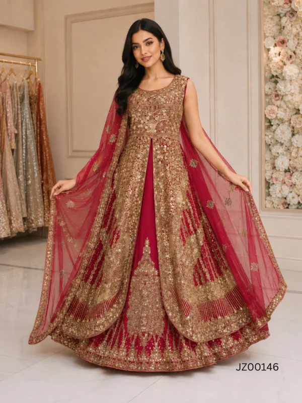 Red Gold Embroidered Front Open Bridal Maxi - alternate view