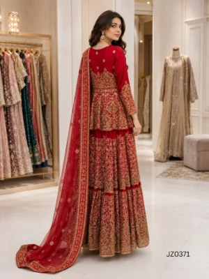 Red Gold Embroidered Pakistani Partywear & Wedding Dress — styling view | Jabeenz UK