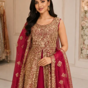 Red Gold Embroidered Front Open Bridal Maxi