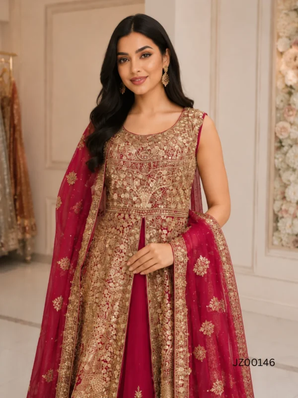 Red Gold Embroidered Front Open Bridal Maxi