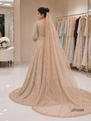 Champagne Crystal Embellished Pakistani Bridal Maxi — styling view | Jabeenz UK