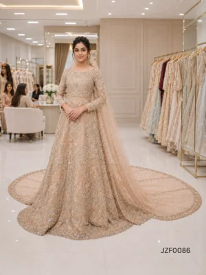 Champagne Crystal Embellished Pakistani Bridal Maxi — detail view | Jabeenz UK