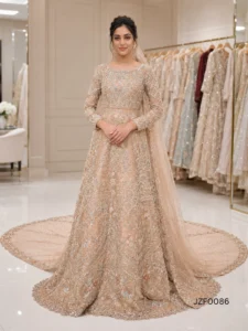 Champagne Crystal Embellished Pakistani Bridal Maxi