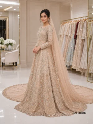 Champagne Crystal Embellished Pakistani Bridal Maxi — back view | Jabeenz UK