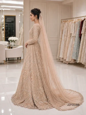 Champagne Crystal Embellished Pakistani Bridal Maxi — close-up view | Jabeenz UK