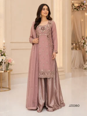 Dusty Rose Pakistani Long Shirt with Sharara Palazzo — close-up view | Jabeenz UK