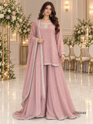 Blush Pink Embroidered Pakistani Party Wear Sharara — back view | Jabeenz UK
